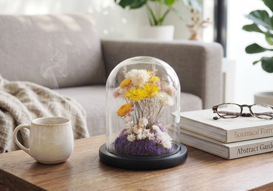 Decorative glass dome with dried flowers on a table in a living room setting