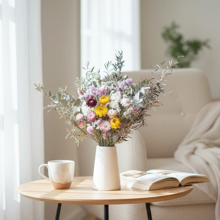 ELLIE – colourful dried flowers in a tall white ceramic vase