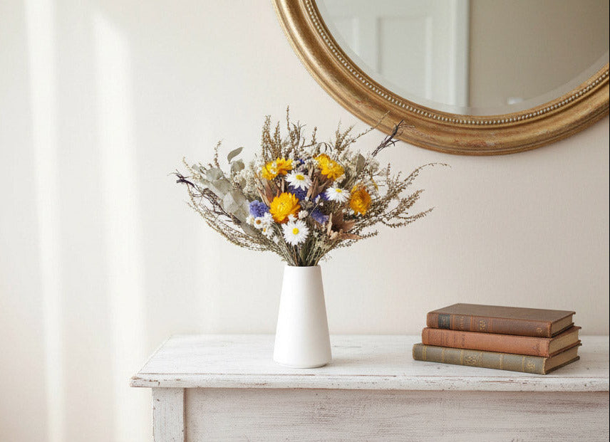 ISA – Yellow White dried flowers in a tall white ceramic vase