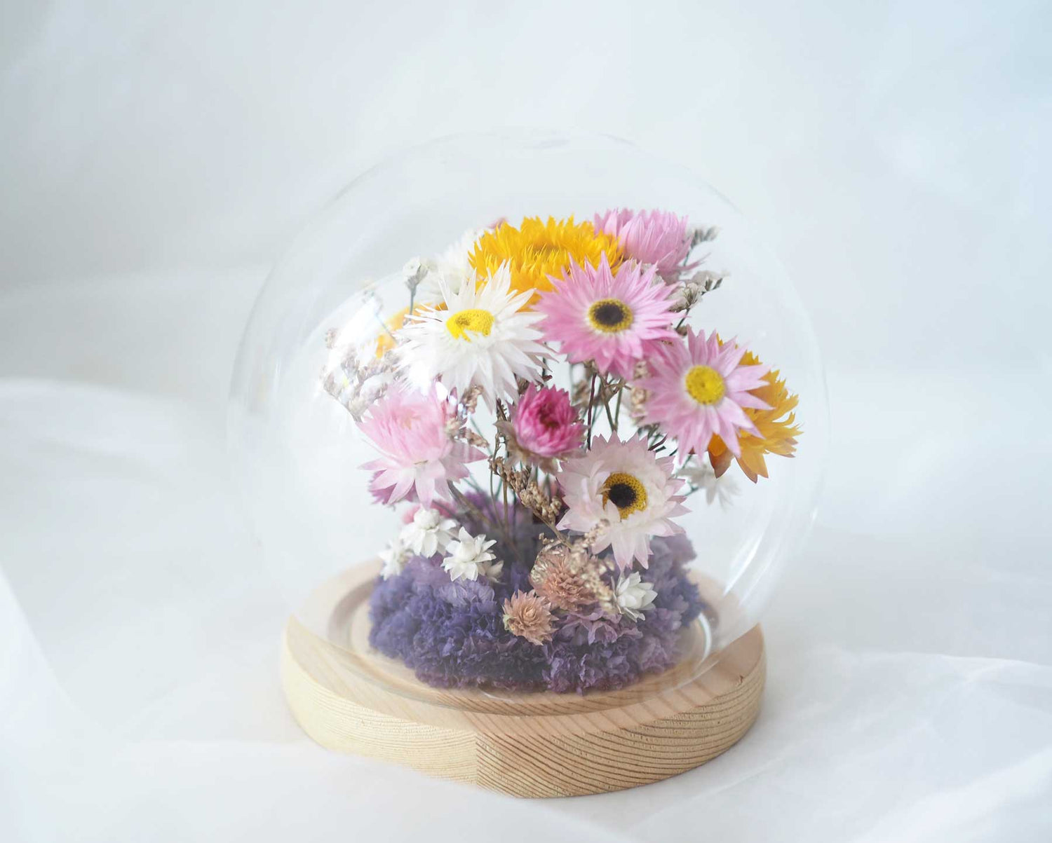 CALLA - dried flower cloche in pink, yellow and white
