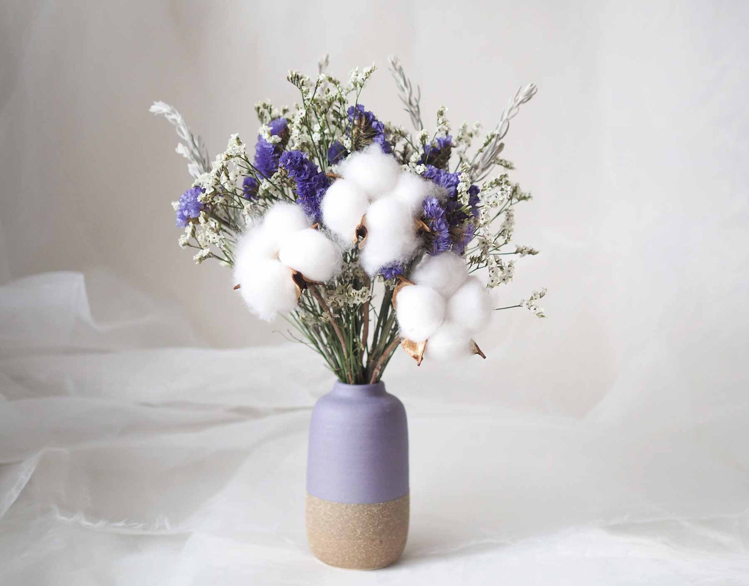 BORA - white dried paper daisies in a purple vase