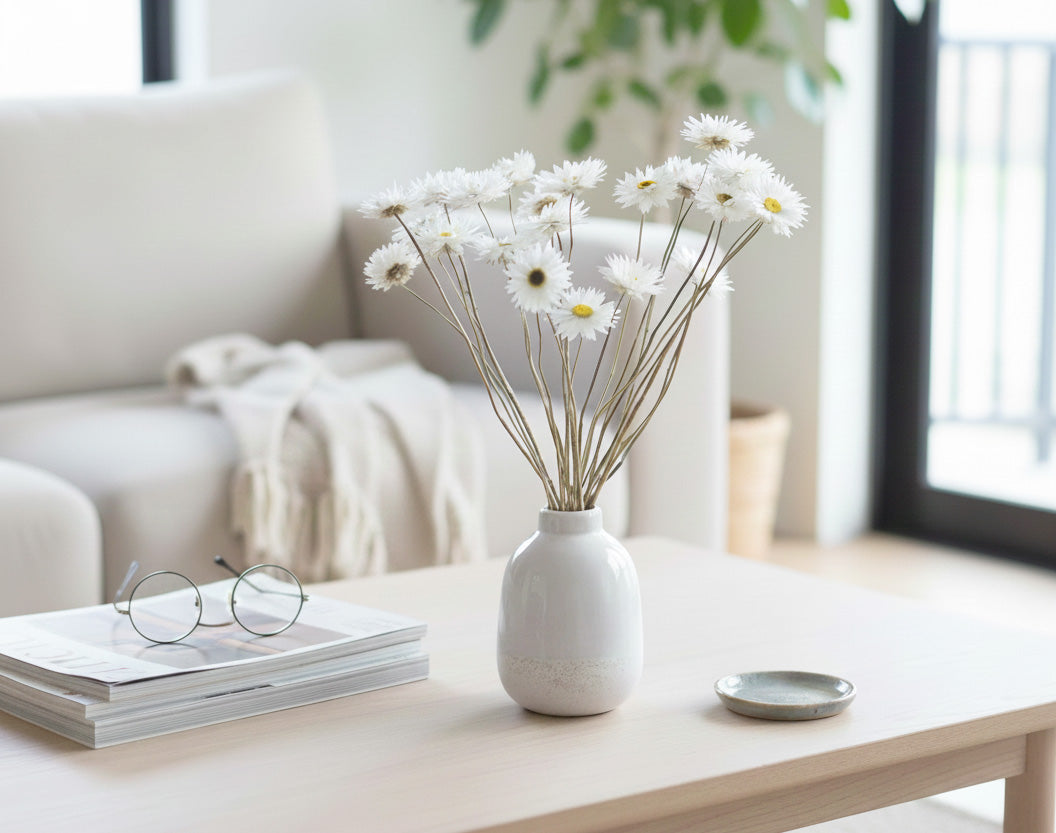 White vase with dried white paper daisies flowers on a coffee table in a living room