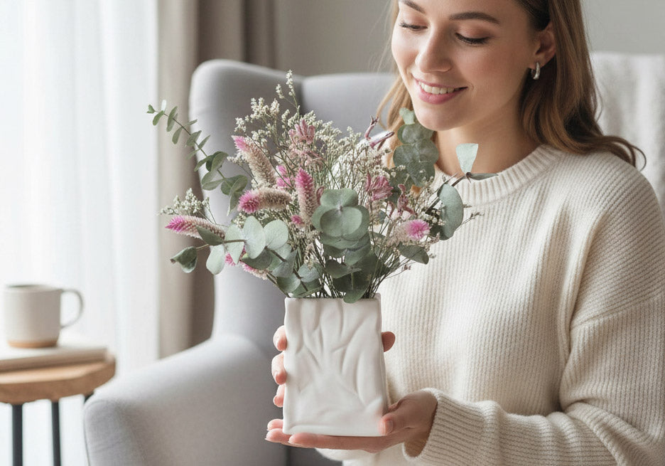 SYLVIE – purple, pink, white and green dried flowers in a white ceramic bag vase