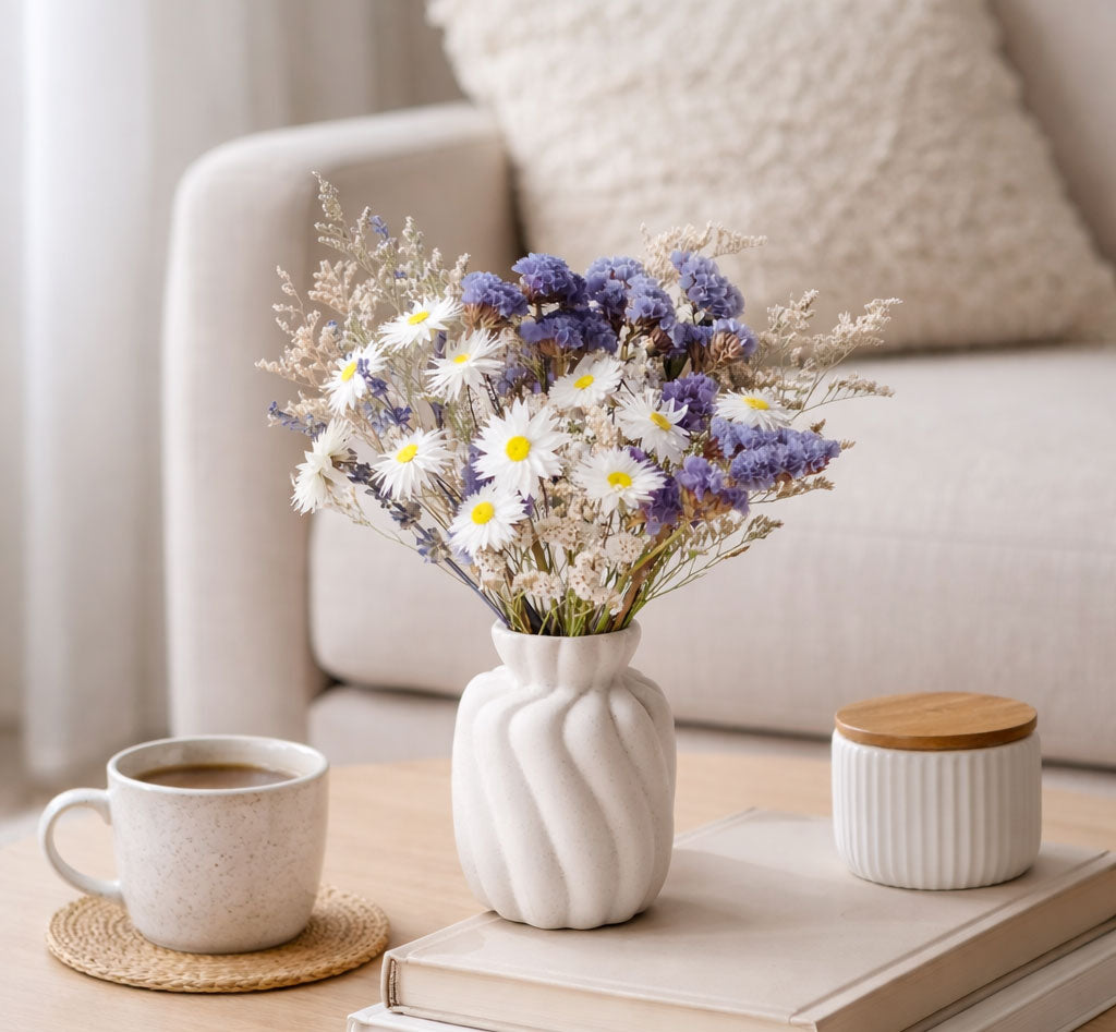 IRIS – white, blue and purple dried flowers in a white ceramic vase
