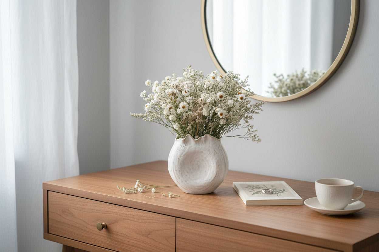 VERONA – dried everlasting paper daisies in a ceramic vase
