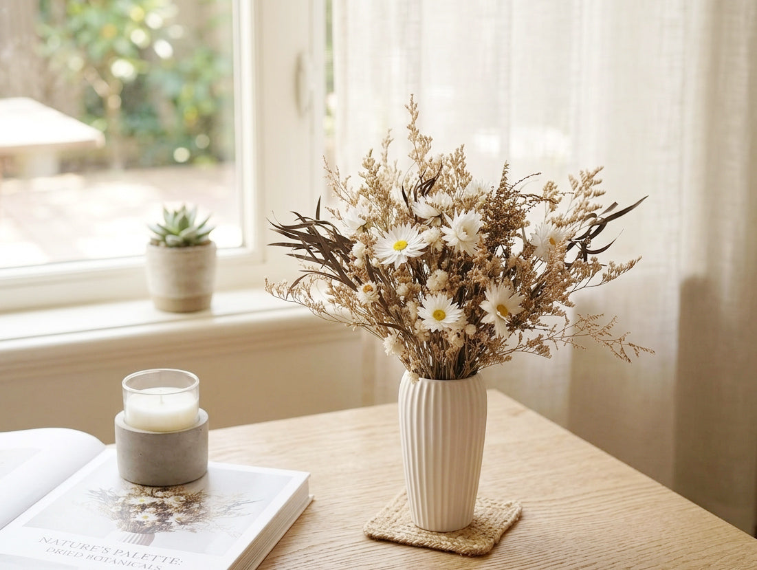 AMELIA – dried everlasting paper daisies in a white ceramic vase
